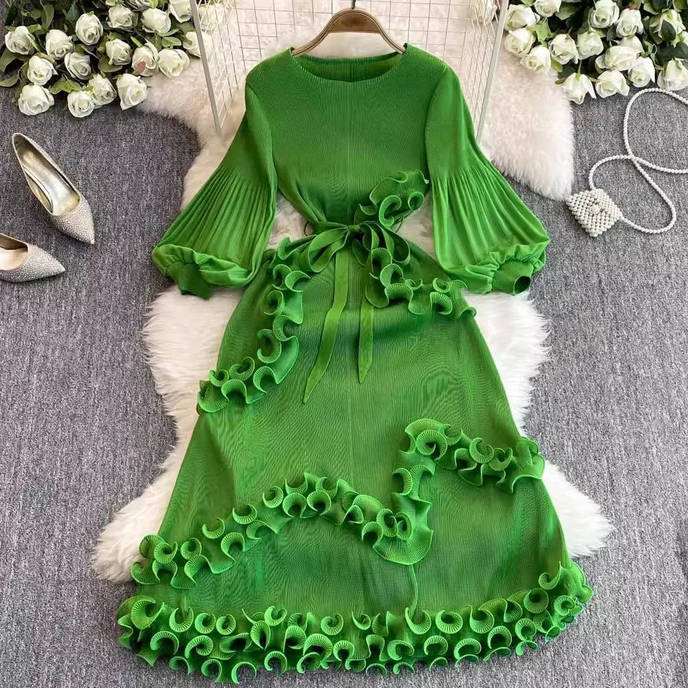 3D Ruffles Splice Pleated Dresses Women's Solid Color with Belt - American Thistle 3D Ruffles Splice Pleated Dresses Women's Solid Color with Belt