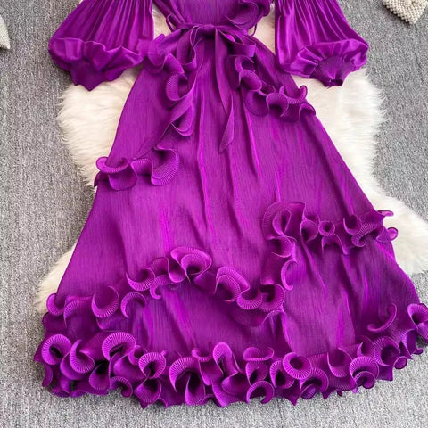 3D Ruffles Splice Pleated Dresses Women's Solid Color with Belt - American Thistle 3D Ruffles Splice Pleated Dresses Women's Solid Color with Belt