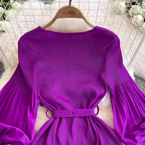 3D Ruffles Splice Pleated Dresses Women's Solid Color with Belt - American Thistle 3D Ruffles Splice Pleated Dresses Women's Solid Color with Belt