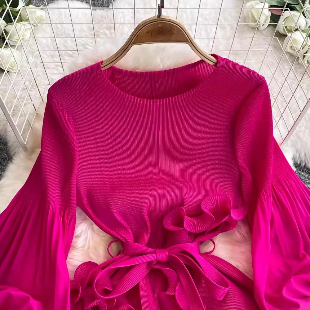 3D Ruffles Splice Pleated Dresses Women's Solid Color with Belt - American Thistle 3D Ruffles Splice Pleated Dresses Women's Solid Color with Belt