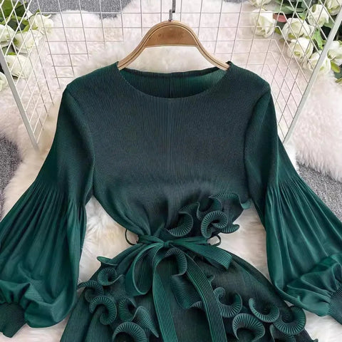 3D Ruffles Splice Pleated Dresses Women's Solid Color with Belt - American Thistle 3D Ruffles Splice Pleated Dresses Women's Solid Color with Belt