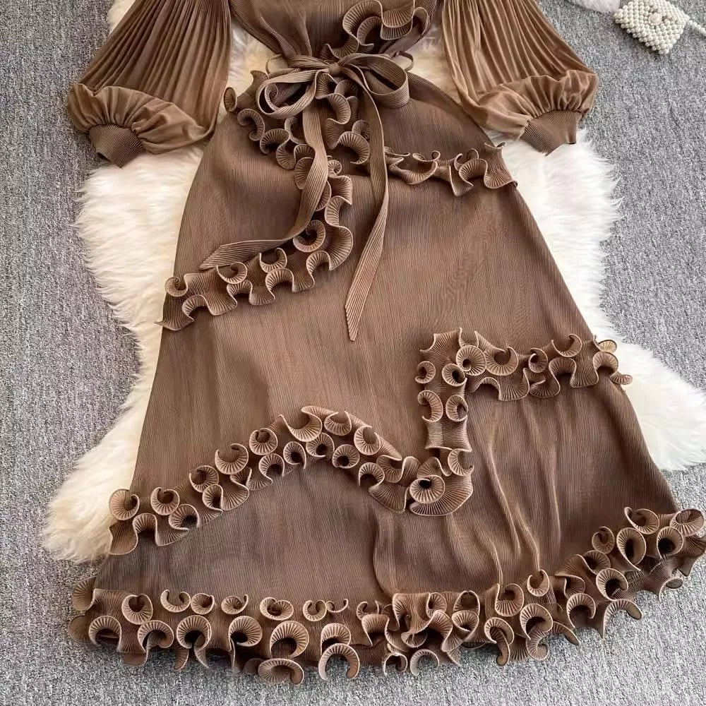 3D Ruffles Splice Pleated Dresses Women's Solid Color with Belt - American Thistle 3D Ruffles Splice Pleated Dresses Women's Solid Color with Belt