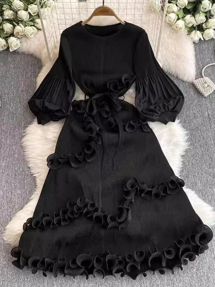 3D Ruffles Splice Pleated Dresses Women's Solid Color with Belt - American Thistle 3D Ruffles Splice Pleated Dresses Women's Solid Color with Belt