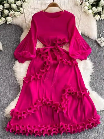 3D Ruffles Splice Pleated Dresses Women's Solid Color with Belt - American Thistle 3D Ruffles Splice Pleated Dresses Women's Solid Color with Belt