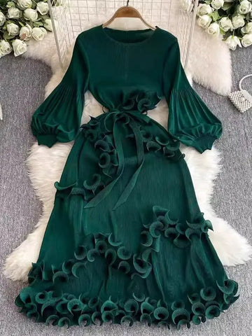 3D Ruffles Splice Pleated Dresses Women's Solid Color with Belt - American Thistle 3D Ruffles Splice Pleated Dresses Women's Solid Color with Belt