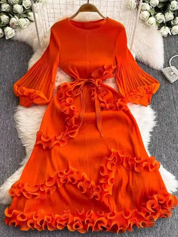 3D Ruffles Splice Pleated Dresses Women's Solid Color with Belt - American Thistle 3D Ruffles Splice Pleated Dresses Women's Solid Color with Belt