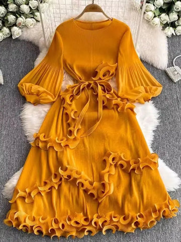 3D Ruffles Splice Pleated Dresses Women's Solid Color with Belt - American Thistle 3D Ruffles Splice Pleated Dresses Women's Solid Color with Belt