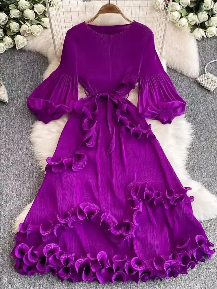 3D Ruffles Splice Pleated Dresses Women's Solid Color with Belt - American Thistle 3D Ruffles Splice Pleated Dresses Women's Solid Color with Belt