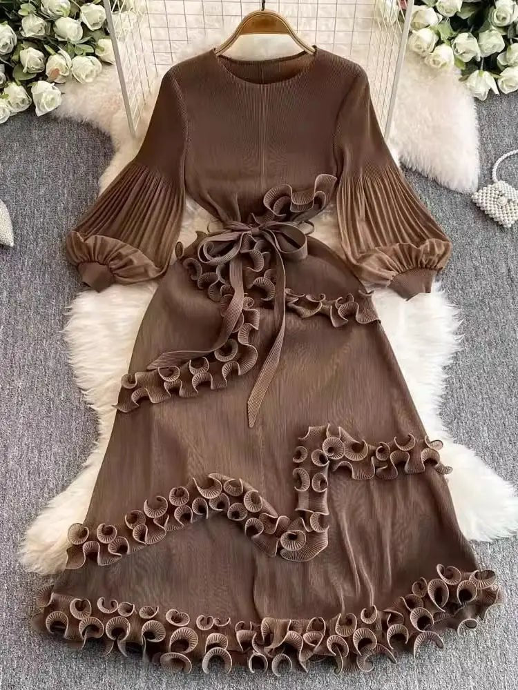 3D Ruffles Splice Pleated Dresses Women's Solid Color with Belt - American Thistle 3D Ruffles Splice Pleated Dresses Women's Solid Color with Belt