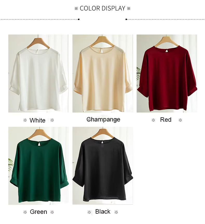 Satin Silk Half-Sleeve Solid Women‘s Loose Blouse