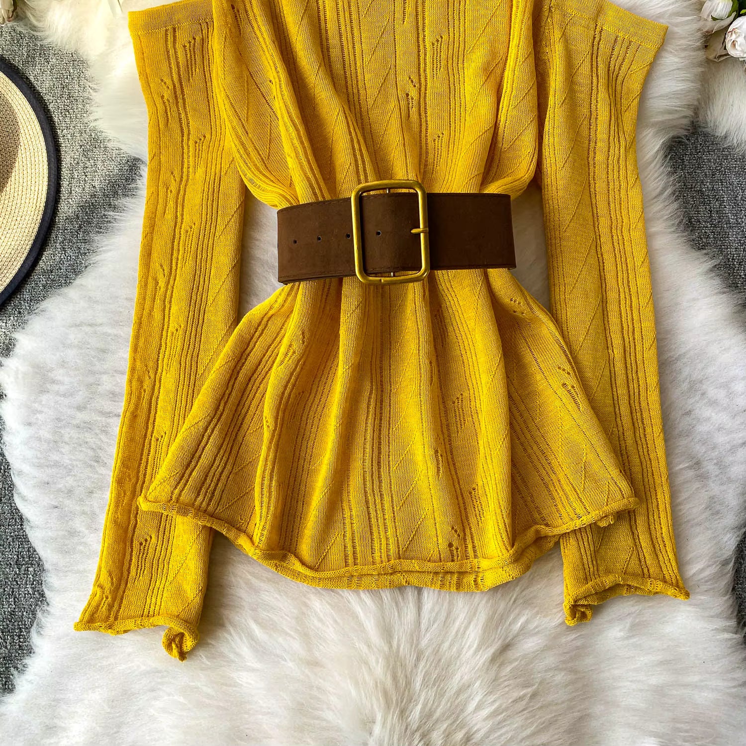 Slimming Knitted Long-Sleeve Pullover with Belt Design for Women Autumn