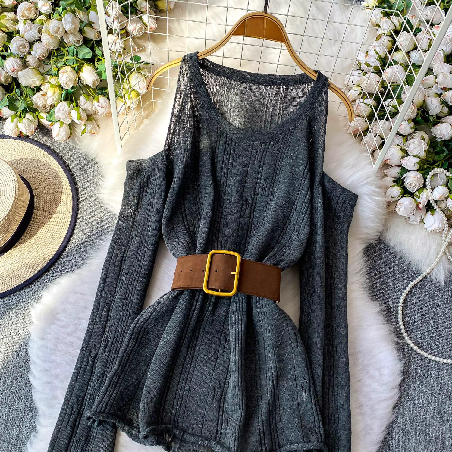 Slimming Knitted Long-Sleeve Pullover with Belt Design for Women Autumn black 