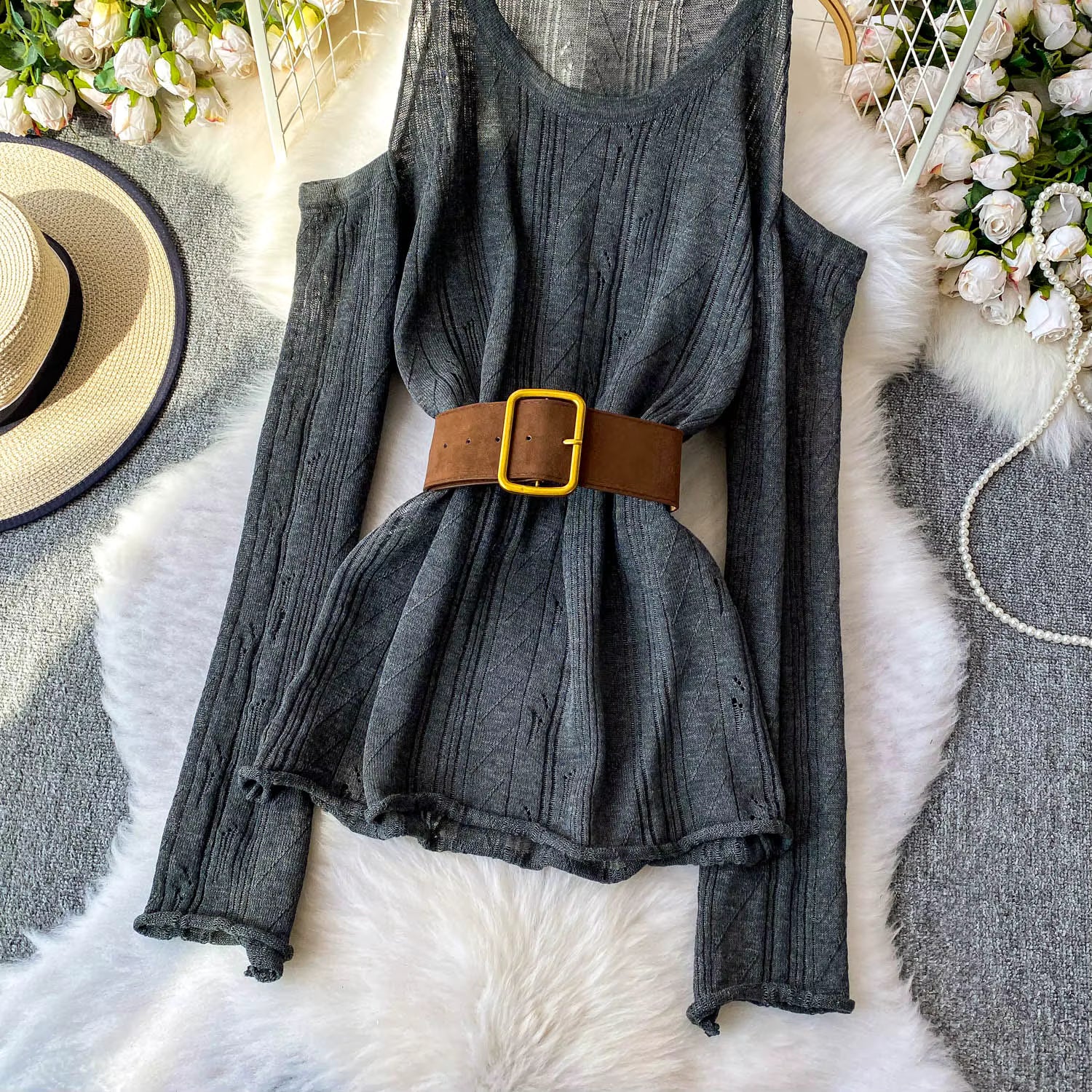 Slimming Knitted Long-Sleeve Pullover with Belt Design for Women Autumn dark