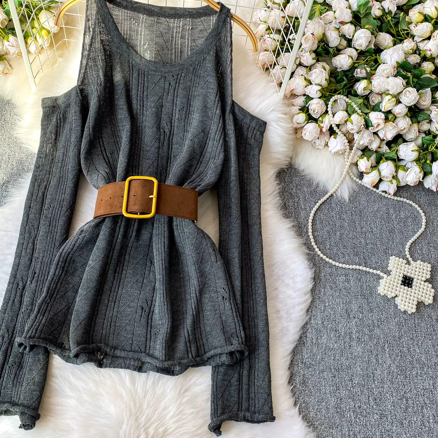 Slimming Knitted Long-Sleeve Pullover with Belt Design for Women Autumn 8