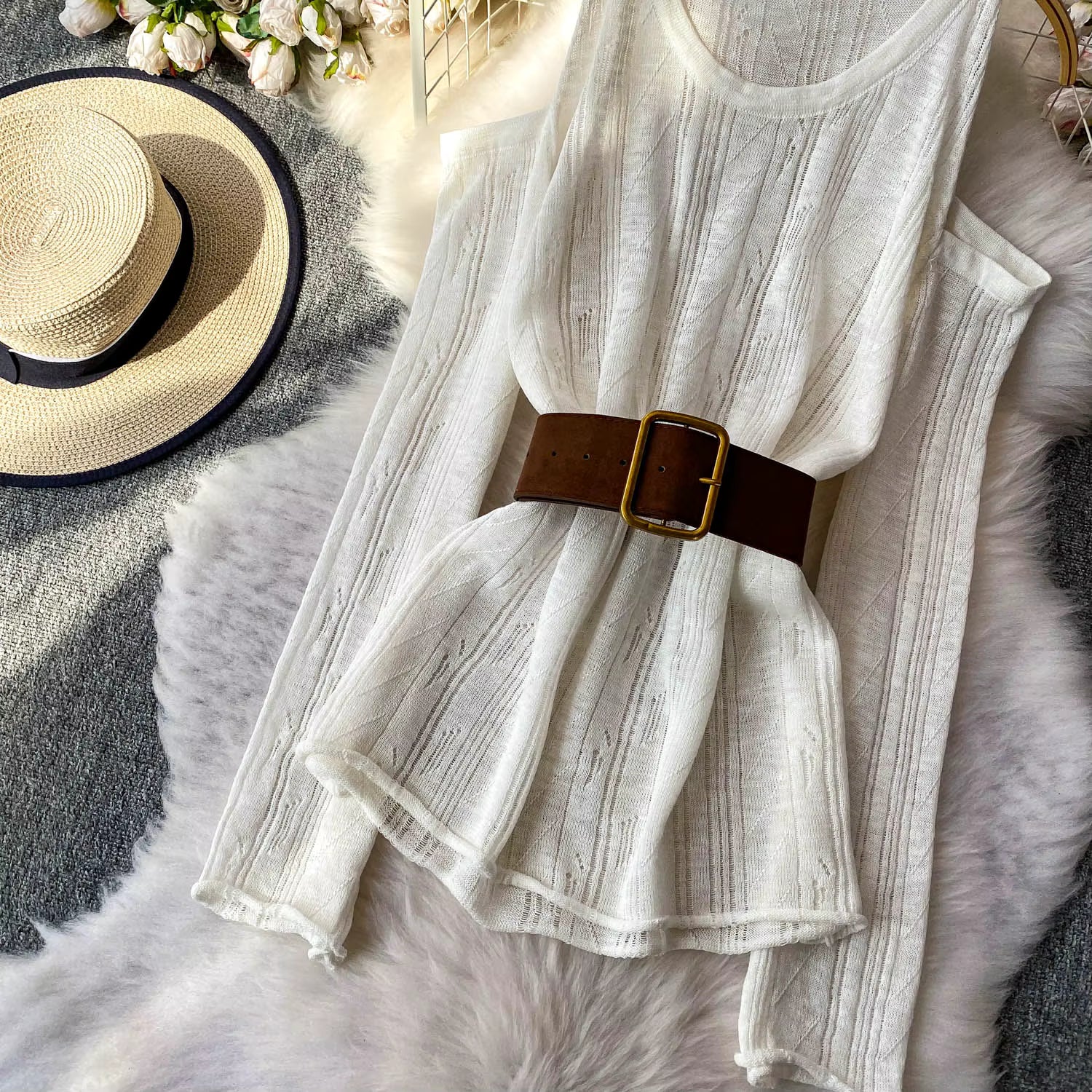 Slimming Knitted Long-Sleeve Pullover with Belt Design for Women Autumn 5 white