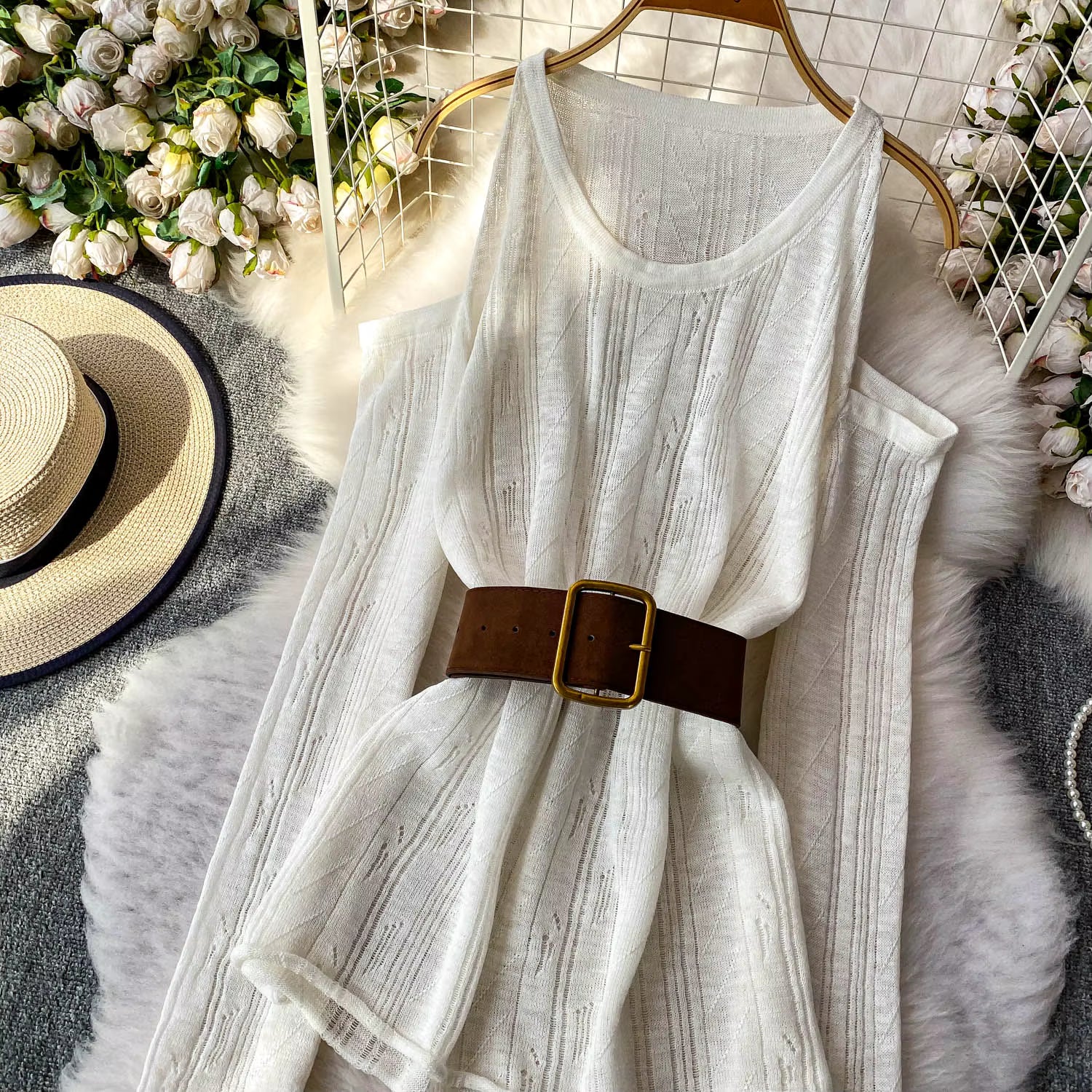 Slimming Knitted Long-Sleeve Pullover with Belt Design for Women Autumn whitw 5