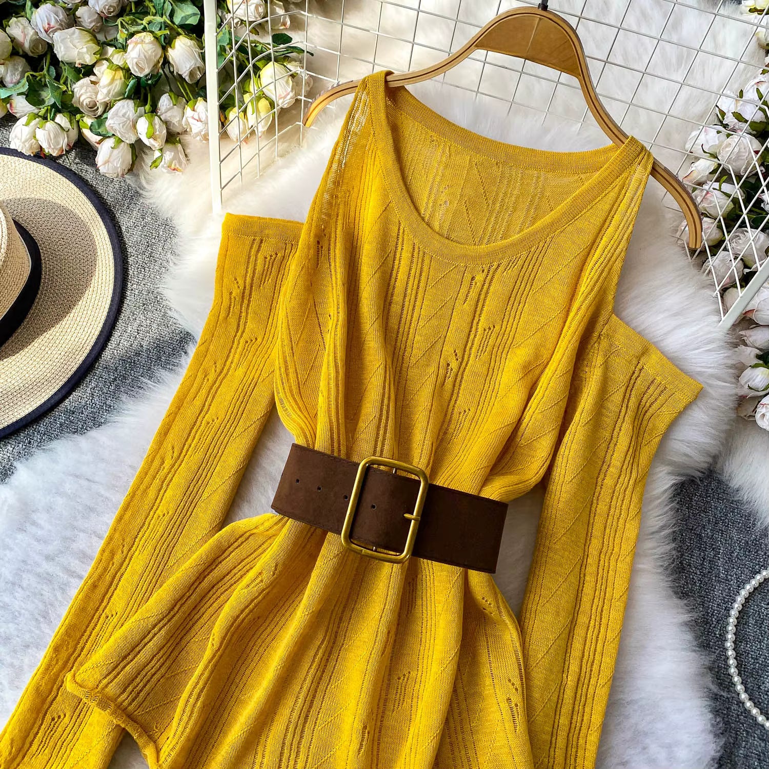 Slimming Knitted Long-Sleeve Pullover with Belt Design for Women Autumn yellow 8