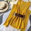 Slimming Knitted Long-Sleeve Pullover with Belt Design for Women Autumn yellow 7
