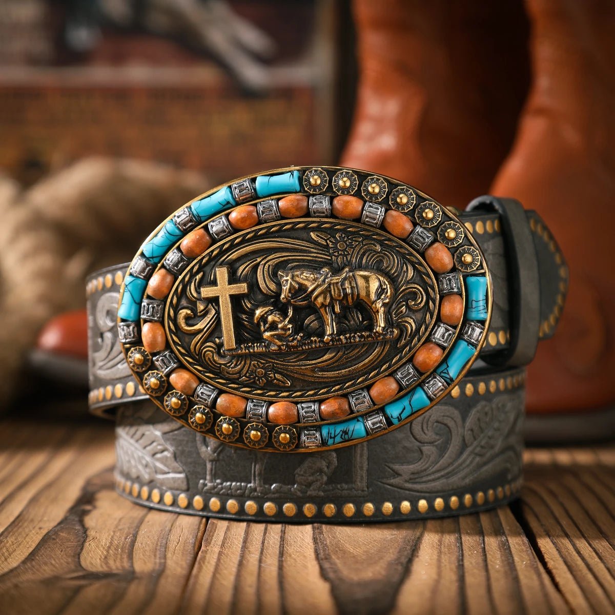 A casual and retro belt, a waist accessory for Western - style clothing, metal buckle, PU belt, suitable for both men and women - American ThistleA casual and retro belt, a waist accessory for Western - style clothing, metal buckle, PU belt, suitable for both men and women