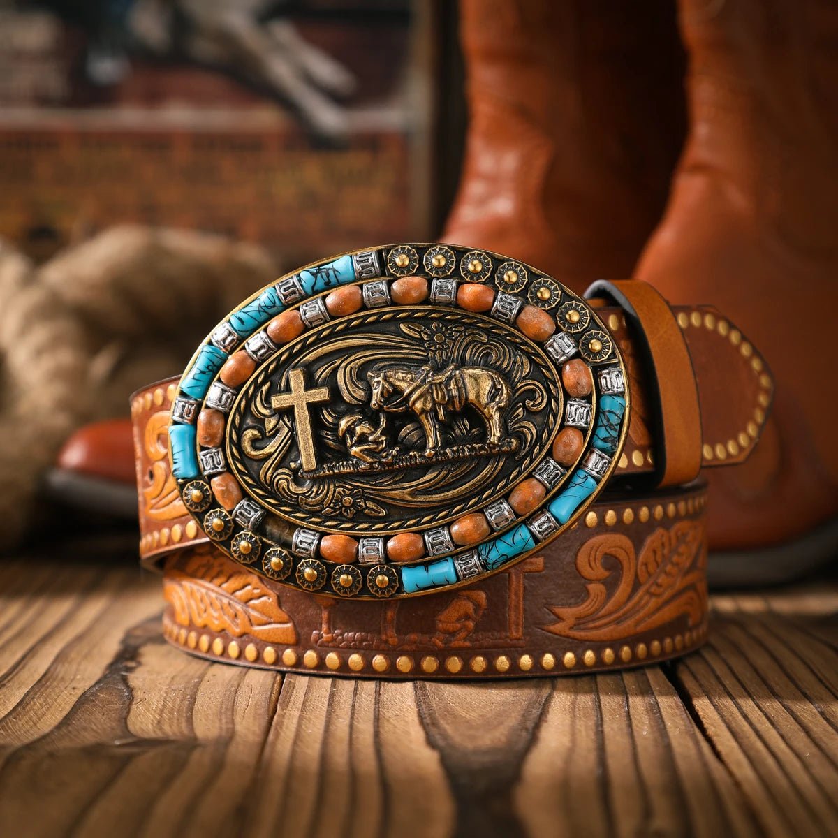 A casual and retro belt, a waist accessory for Western - style clothing, metal buckle, PU belt, suitable for both men and women - American ThistleA casual and retro belt, a waist accessory for Western - style clothing, metal buckle, PU belt, suitable for both men and women