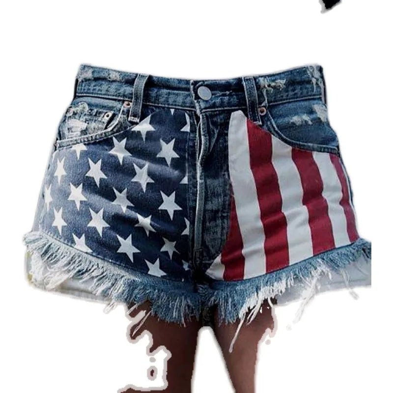 American Flag Denim/Jean Shorts Women Print Tassels Mid Waist Washed Distressed 2025 Streetwear Summer Short Pants - American ThistleAmerican Flag Denim/Jean Shorts Women Print Tassels Mid Waist Washed Distressed 2025 Streetwear Summer Short Pants