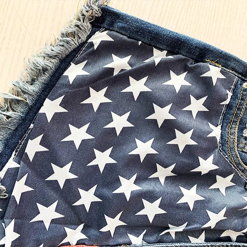 American Flag Denim/Jean Shorts Women Print Tassels Mid Waist Washed Distressed 2025 Streetwear Summer Short Pants - American ThistleAmerican Flag Denim/Jean Shorts Women Print Tassels Mid Waist Washed Distressed 2025 Streetwear Summer Short Pants