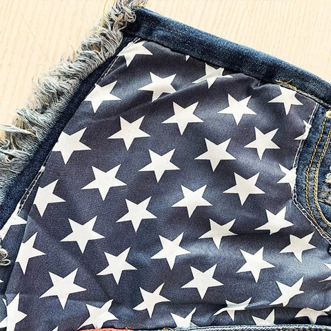 American Flag Denim/Jean Shorts Women Print Tassels Mid Waist Washed Distressed 2025 Streetwear Summer Short Pants - American ThistleAmerican Flag Denim/Jean Shorts Women Print Tassels Mid Waist Washed Distressed 2025 Streetwear Summer Short Pants