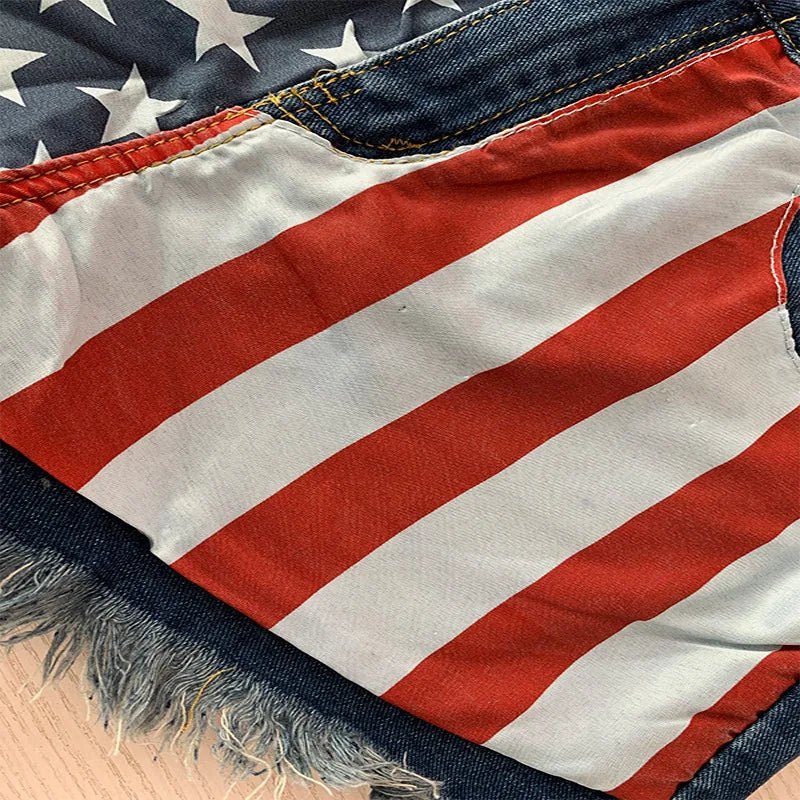 American Flag Denim/Jean Shorts Women Print Tassels Mid Waist Washed Distressed 2025 Streetwear Summer Short Pants - American ThistleAmerican Flag Denim/Jean Shorts Women Print Tassels Mid Waist Washed Distressed 2025 Streetwear Summer Short Pants
