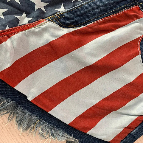 American Flag Denim/Jean Shorts Women Print Tassels Mid Waist Washed Distressed 2025 Streetwear Summer Short Pants - American ThistleAmerican Flag Denim/Jean Shorts Women Print Tassels Mid Waist Washed Distressed 2025 Streetwear Summer Short Pants