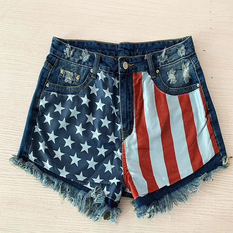 American Flag Denim/Jean Shorts Women Print Tassels Mid Waist Washed Distressed 2025 Streetwear Summer Short Pants - American ThistleAmerican Flag Denim/Jean Shorts Women Print Tassels Mid Waist Washed Distressed 2025 Streetwear Summer Short Pants