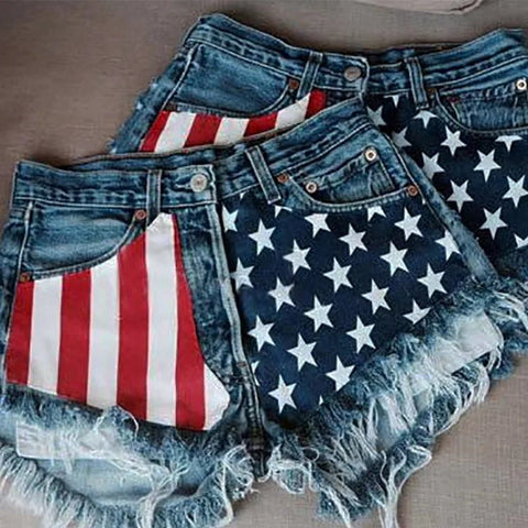 American Flag Denim/Jean Shorts Women Print Tassels Mid Waist Washed Distressed 2025 Streetwear Summer Short Pants - American ThistleAmerican Flag Denim/Jean Shorts Women Print Tassels Mid Waist Washed Distressed 2025 Streetwear Summer Short Pants