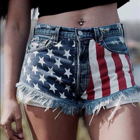 American Flag Denim/Jean Shorts Women Print Tassels Mid Waist Washed Distressed 2025 Streetwear Summer Short Pants - American ThistleAmerican Flag Denim/Jean Shorts Women Print Tassels Mid Waist Washed Distressed 2025 Streetwear Summer Short Pants