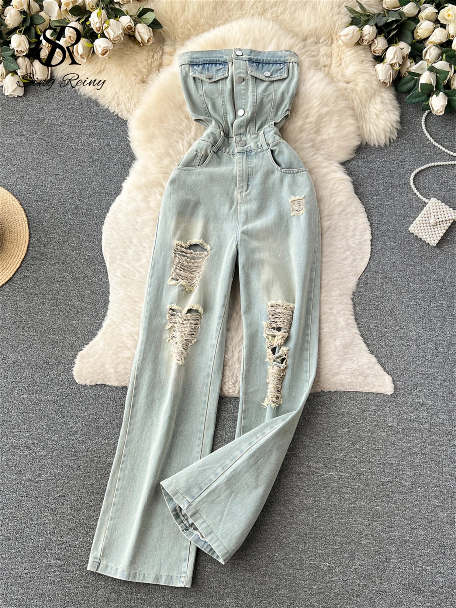 American Retro Streetwear Denim Jumpsuits Zipper Pocket High Waist Wide Legs Ripped Pants - American Thistle American Retro Streetwear Denim Jumpsuits Zipper Pocket High Waist Wide Legs Ripped Pants