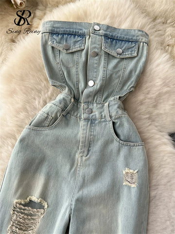 American Retro Streetwear Denim Jumpsuits Zipper Pocket High Waist Wide Legs Ripped Pants - American Thistle American Retro Streetwear Denim Jumpsuits Zipper Pocket High Waist Wide Legs Ripped Pants