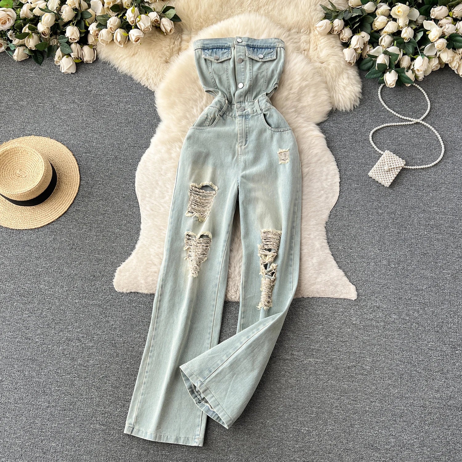 American Retro Streetwear Denim Jumpsuits Zipper Pocket High Waist Wide Legs Ripped Pants - American Thistle American Retro Streetwear Denim Jumpsuits Zipper Pocket High Waist Wide Legs Ripped Pants
