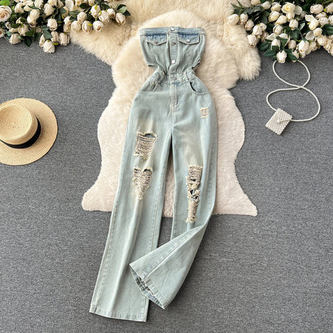 American Retro Streetwear Denim Jumpsuits Zipper Pocket High Waist Wide Legs Ripped Pants - American Thistle American Retro Streetwear Denim Jumpsuits Zipper Pocket High Waist Wide Legs Ripped Pants