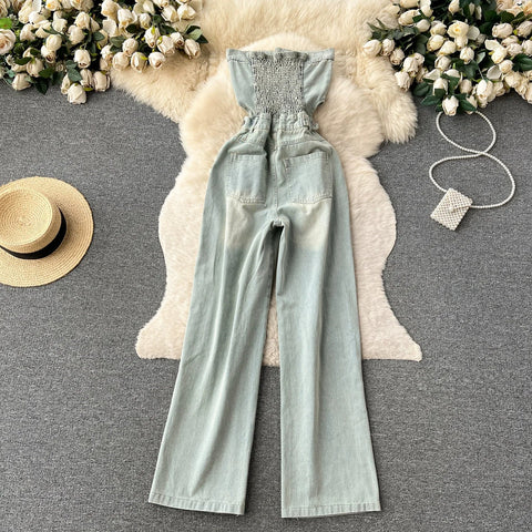 American Retro Streetwear Denim Jumpsuits Zipper Pocket High Waist Wide Legs Ripped Pants - American Thistle American Retro Streetwear Denim Jumpsuits Zipper Pocket High Waist Wide Legs Ripped Pants