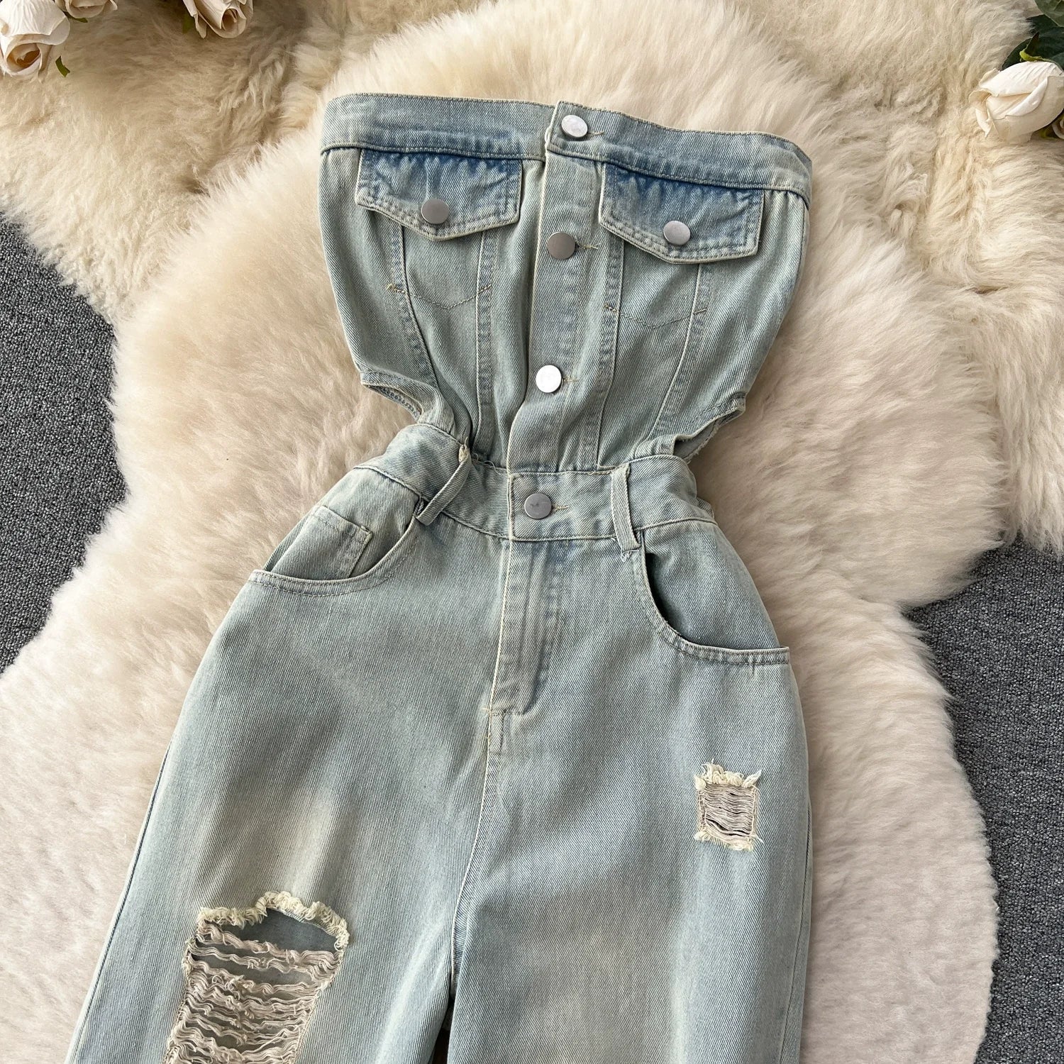 American Retro Streetwear Denim Jumpsuits Zipper Pocket High Waist Wide Legs Ripped Pants - American Thistle American Retro Streetwear Denim Jumpsuits Zipper Pocket High Waist Wide Legs Ripped Pants