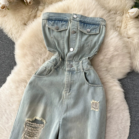 American Retro Streetwear Denim Jumpsuits Zipper Pocket High Waist Wide Legs Ripped Pants - American Thistle American Retro Streetwear Denim Jumpsuits Zipper Pocket High Waist Wide Legs Ripped Pants