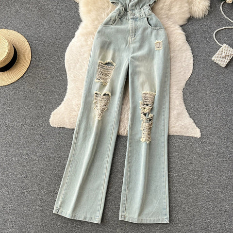 American Retro Streetwear Denim Jumpsuits Zipper Pocket High Waist Wide Legs Ripped Pants - American Thistle American Retro Streetwear Denim Jumpsuits Zipper Pocket High Waist Wide Legs Ripped Pants