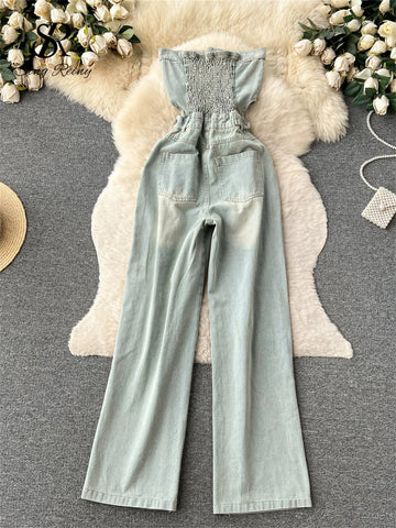American Retro Streetwear Denim Jumpsuits Zipper Pocket High Waist Wide Legs Ripped Pants - American Thistle American Retro Streetwear Denim Jumpsuits Zipper Pocket High Waist Wide Legs Ripped Pants
