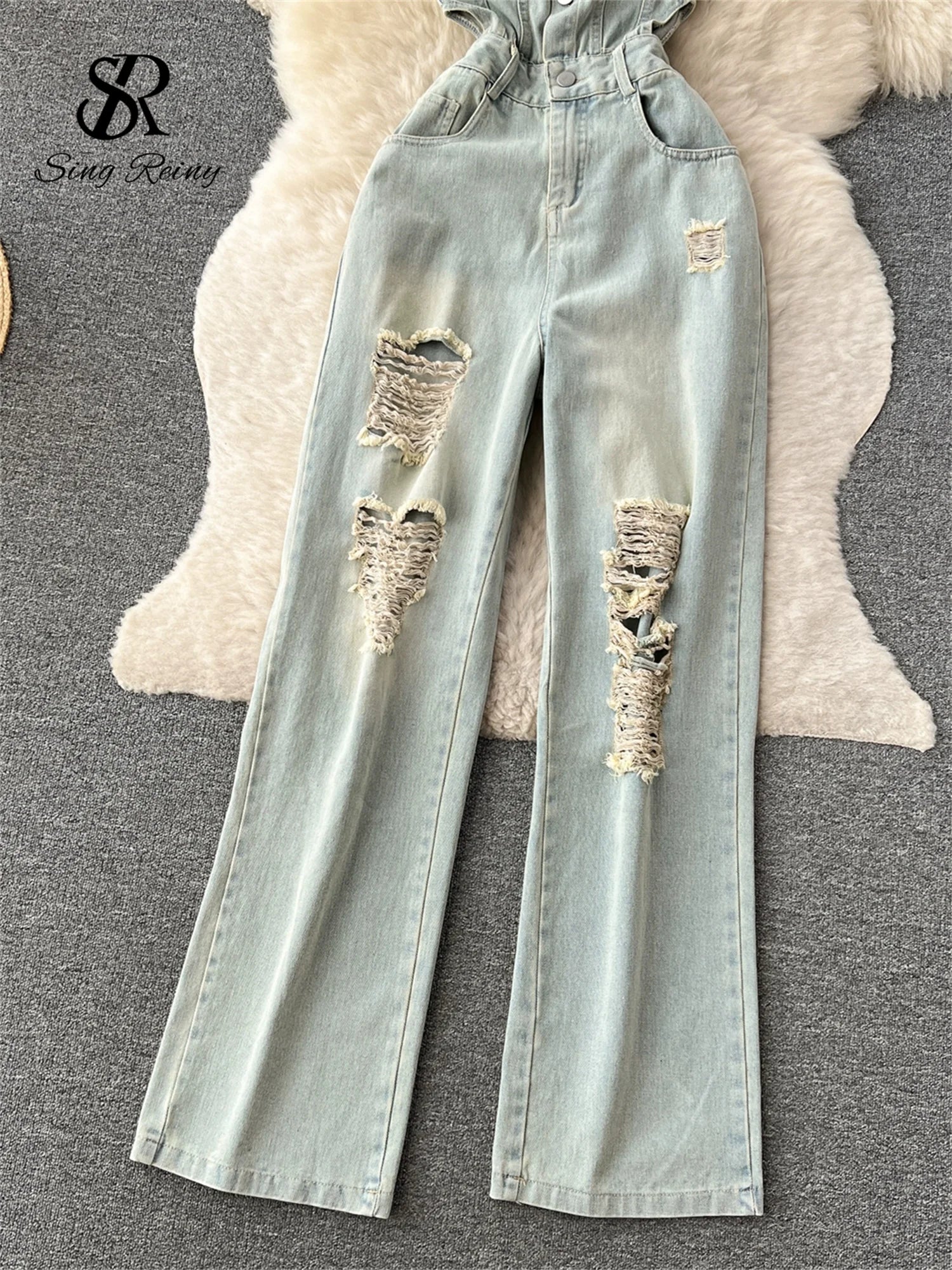 American Retro Streetwear Denim Jumpsuits Zipper Pocket High Waist Wide Legs Ripped Pants - American Thistle American Retro Streetwear Denim Jumpsuits Zipper Pocket High Waist Wide Legs Ripped Pants