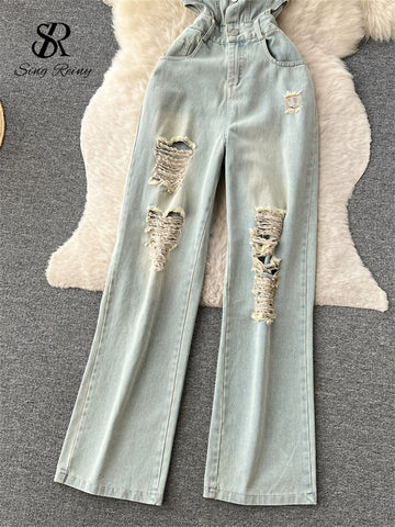 American Retro Streetwear Denim Jumpsuits Zipper Pocket High Waist Wide Legs Ripped Pants - American Thistle American Retro Streetwear Denim Jumpsuits Zipper Pocket High Waist Wide Legs Ripped Pants