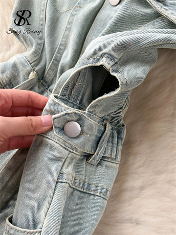 American Retro Streetwear Denim Jumpsuits Zipper Pocket High Waist Wide Legs Ripped Pants - American Thistle American Retro Streetwear Denim Jumpsuits Zipper Pocket High Waist Wide Legs Ripped Pants