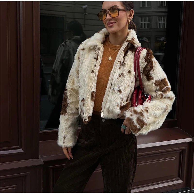 Animal Printed Turn - down Collar Short Jackets Women Fashion Solid Fur Zipper Pockets Coats Female Autumn Winter Chic Casual Coat - American Thistle Animal Printed Turn - down Collar Short Jackets Women Fashion Solid Fur Zipper Pockets Coats Female Autumn Winter Chic Casual Coat