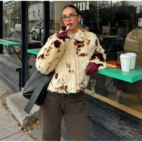 Animal Printed Turn - down Collar Short Jackets Women Fashion Solid Fur Zipper Pockets Coats Female Autumn Winter Chic Casual Coat - American Thistle Animal Printed Turn - down Collar Short Jackets Women Fashion Solid Fur Zipper Pockets Coats Female Autumn Winter Chic Casual Coat