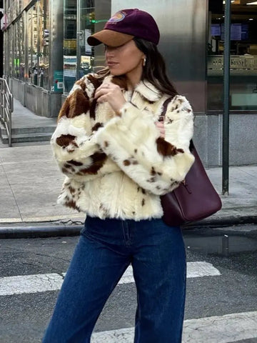 Animal Printed Turn - down Collar Short Jackets Women Fashion Solid Fur Zipper Pockets Coats Female Autumn Winter Chic Casual Coat - American Thistle Animal Printed Turn - down Collar Short Jackets Women Fashion Solid Fur Zipper Pockets Coats Female Autumn Winter Chic Casual Coat