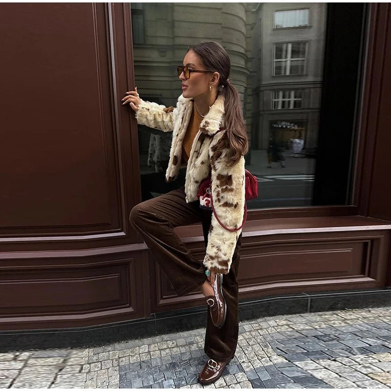 Animal Printed Turn - down Collar Short Jackets Women Fashion Solid Fur Zipper Pockets Coats Female Autumn Winter Chic Casual Coat - American Thistle Animal Printed Turn - down Collar Short Jackets Women Fashion Solid Fur Zipper Pockets Coats Female Autumn Winter Chic Casual Coat