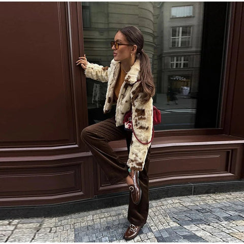 Animal Printed Turn - down Collar Short Jackets Women Fashion Solid Fur Zipper Pockets Coats Female Autumn Winter Chic Casual Coat - American Thistle Animal Printed Turn - down Collar Short Jackets Women Fashion Solid Fur Zipper Pockets Coats Female Autumn Winter Chic Casual Coat