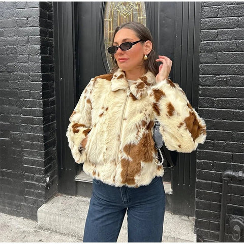 Animal Printed Turn - down Collar Short Jackets Women Fashion Solid Fur Zipper Pockets Coats Female Autumn Winter Chic Casual Coat - American Thistle Animal Printed Turn - down Collar Short Jackets Women Fashion Solid Fur Zipper Pockets Coats Female Autumn Winter Chic Casual Coat